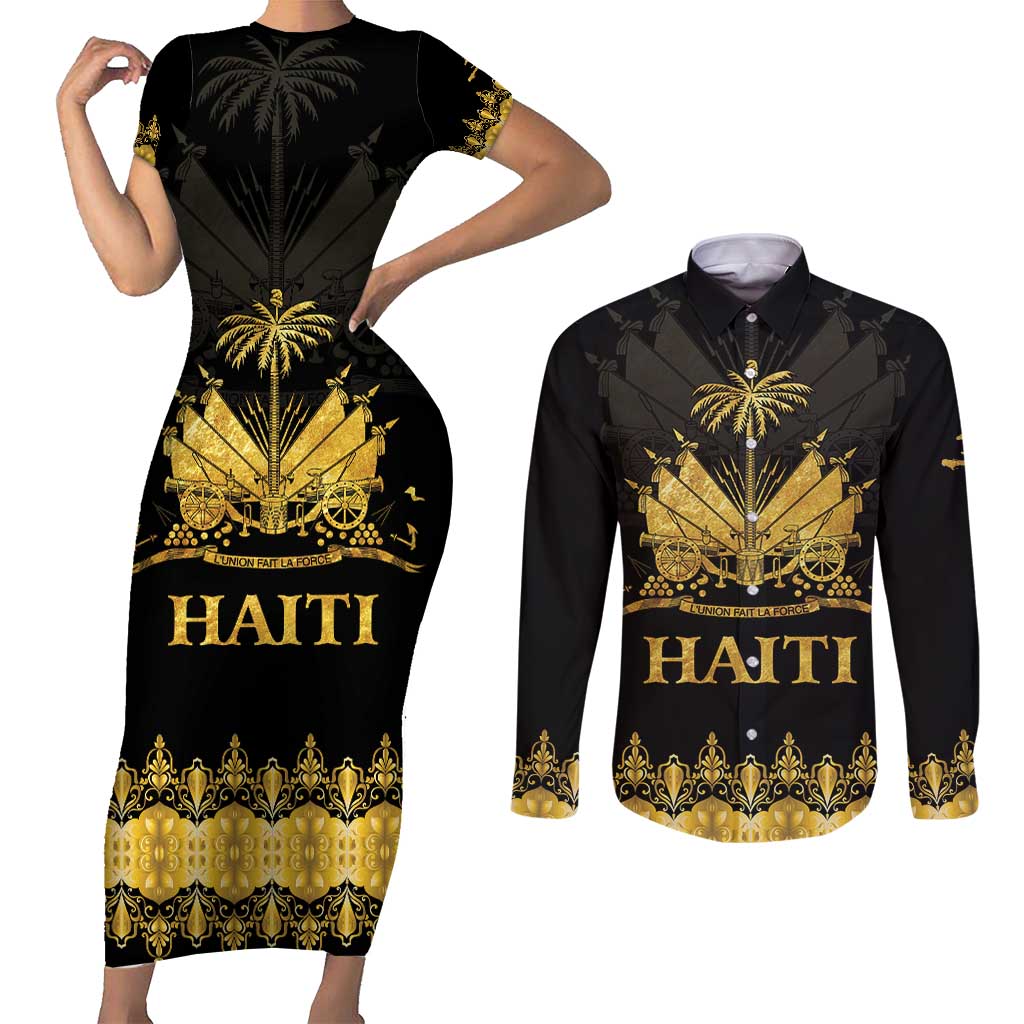 Haiti Neg Marron Gold Couples Matching Short Sleeve Bodycon Dress and Long Sleeve Button Shirt Lespwa pa anyen san aksyon - Wonder Print Shop