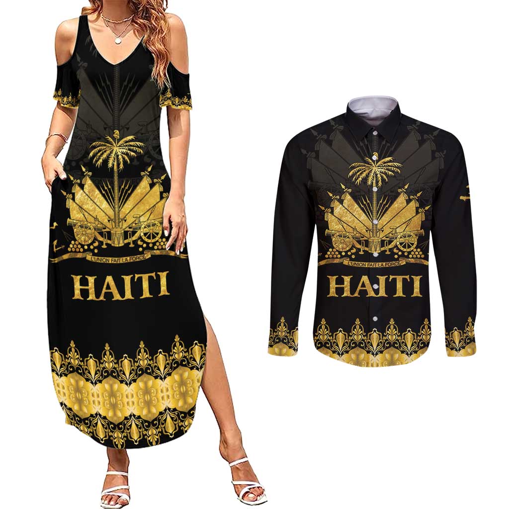 Haiti Neg Marron Gold Couples Matching Summer Maxi Dress and Long Sleeve Button Shirt Lespwa pa anyen san aksyon - Wonder Print Shop