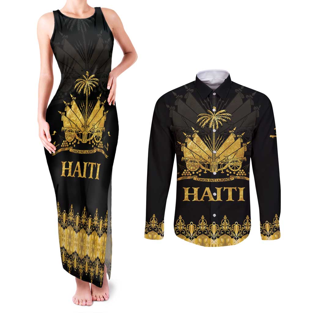 Haiti Neg Marron Gold Couples Matching Tank Maxi Dress and Long Sleeve Button Shirt Lespwa pa anyen san aksyon - Wonder Print Shop