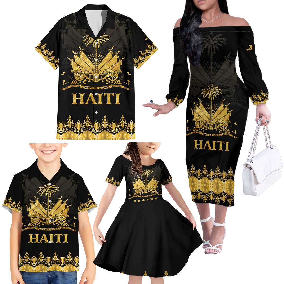 Haiti Neg Marron Gold Family Matching Off The Shoulder Long Sleeve Dress and Hawaiian Shirt Lespwa pa anyen san aksyon - Wonder Print Shop