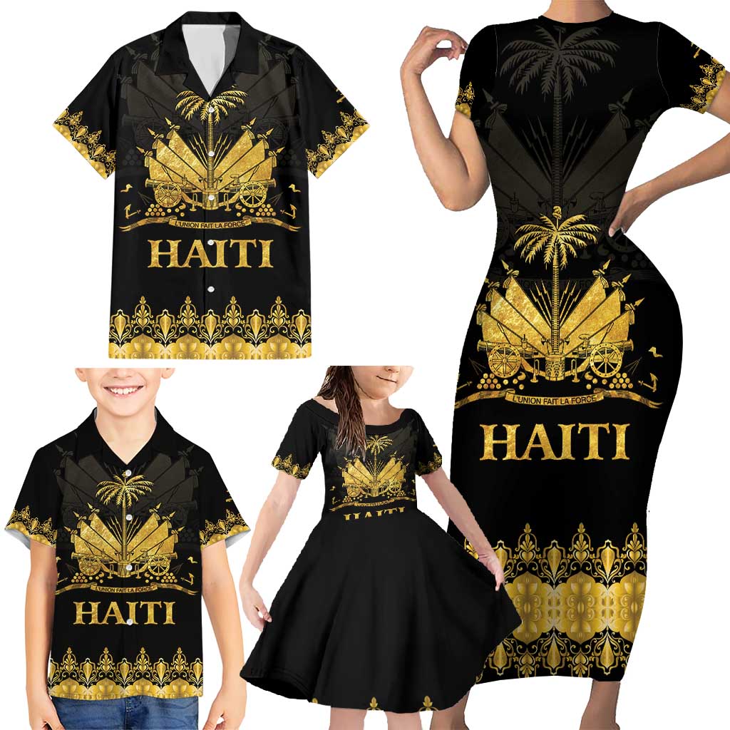 Black short-sleeve Hawaiian shirt with gold palm rays and Haiti print