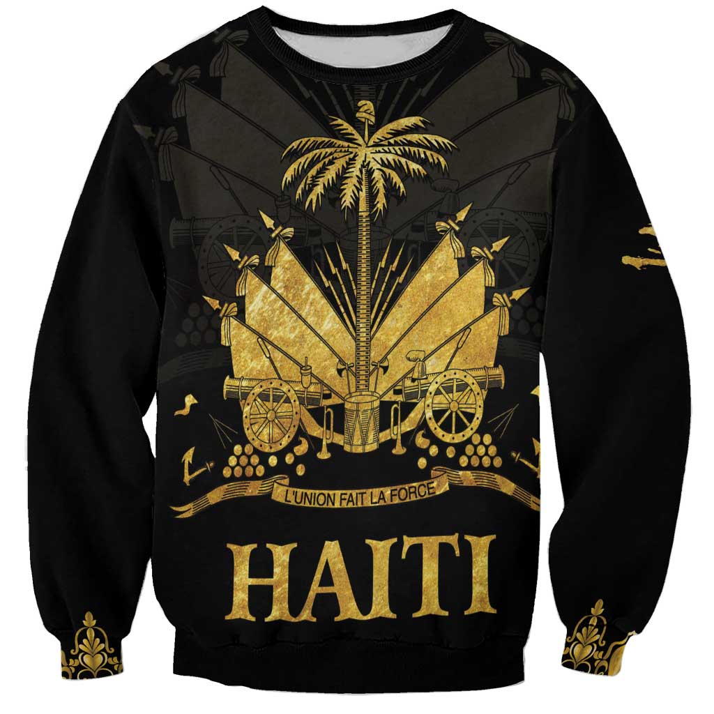 Unisex black sweatshirt with gold HAITI front graphic and palm tree collage