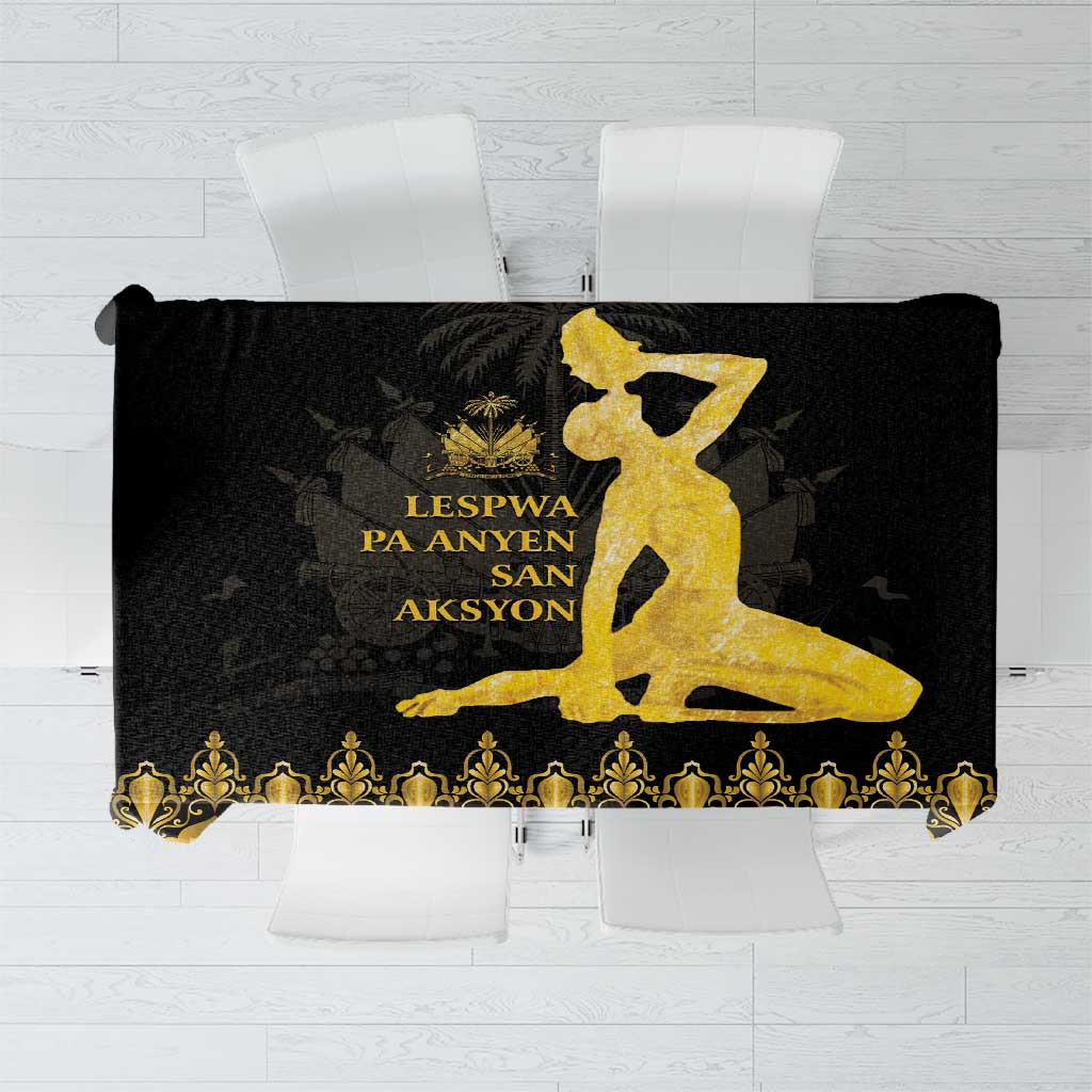 Black and gold ornate tablecloth with decorative border pattern.