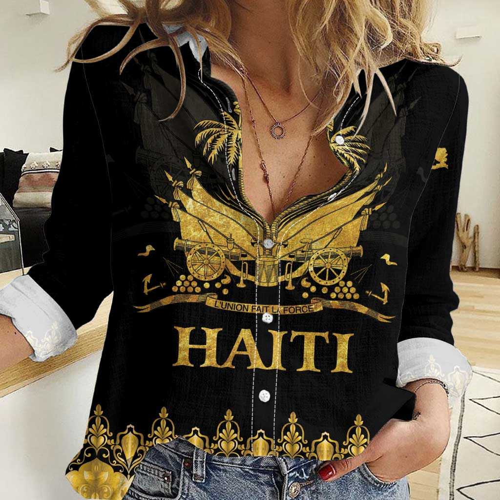 Women’s casual button-front shirt, black with gold “HAITI” front graphic and map motif