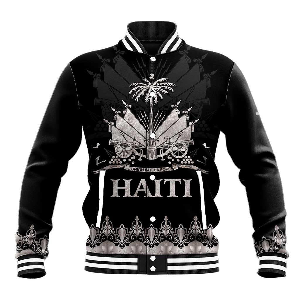 Unisex black baseball jacket with ribbed striped collar, cuffs, and front graphic