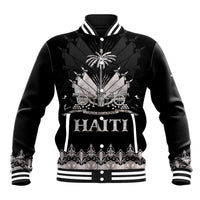 Unisex black baseball jacket with ribbed striped collar, cuffs, and front graphic