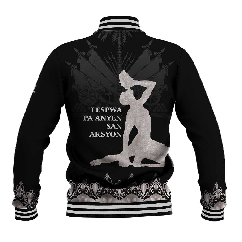 Unisex black baseball jacket with striped ribbed hem and back graphic with dancer silhouette