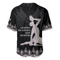 Black baseball jersey back with large light silhouette and decorative border print