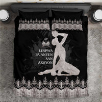 Bedding set: black duvet cover with silver border and two pillows, large seated figure print