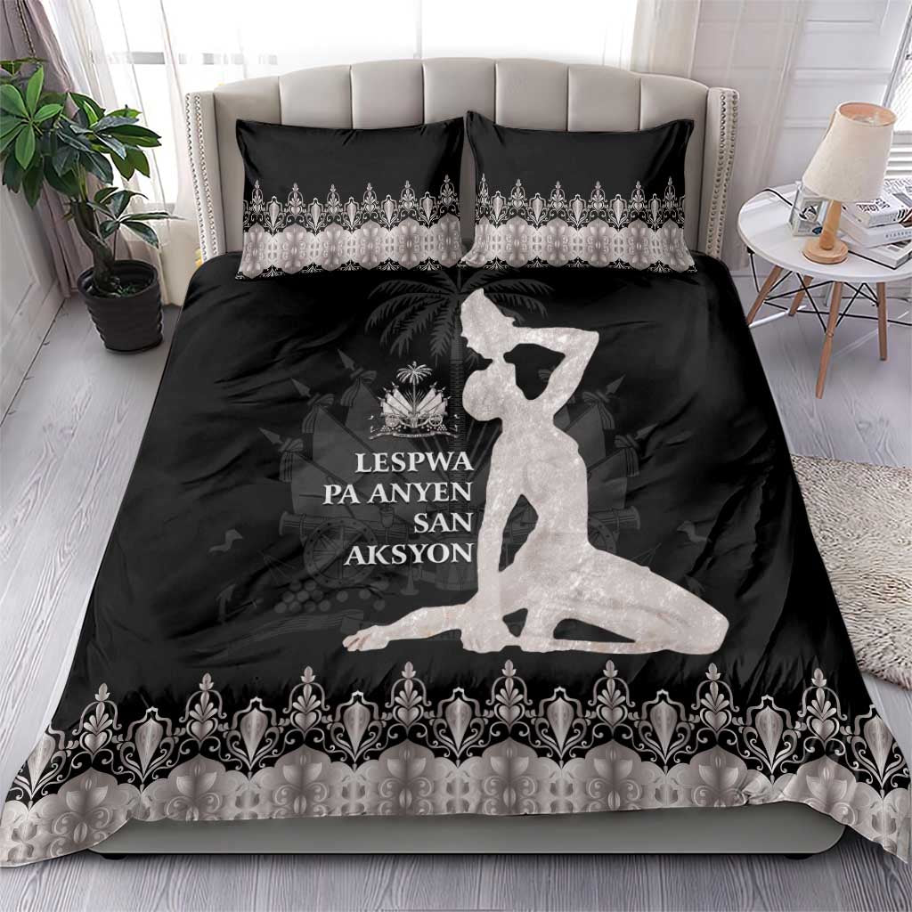 Bedding set: black duvet with silver trim, seated figure graphic, two matching pillowcases