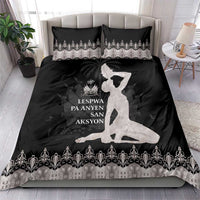 Bedding set: black duvet with silver trim, seated figure graphic, two matching pillowcases