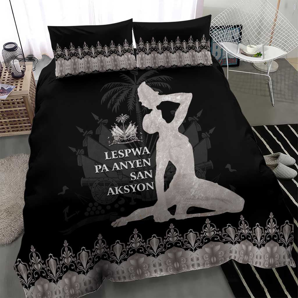 Bedding set: black duvet cover with silver hem and border pattern, two pillows with print