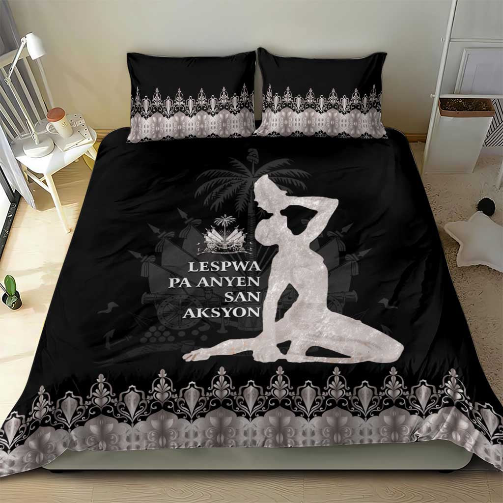 Bedding set: black duvet cover with silver ornate border, seated figure graphic, two pillows
