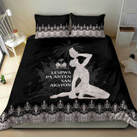 Bedding set: black duvet cover with silver ornate border, seated figure graphic, two pillows