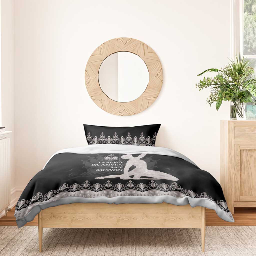 Bedding set: black duvet cover with silver trim, ornamental border and figure print, one pillowcase