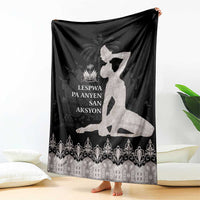 Black and silver throw blanket with white silhouette, central text, and ornate pattern