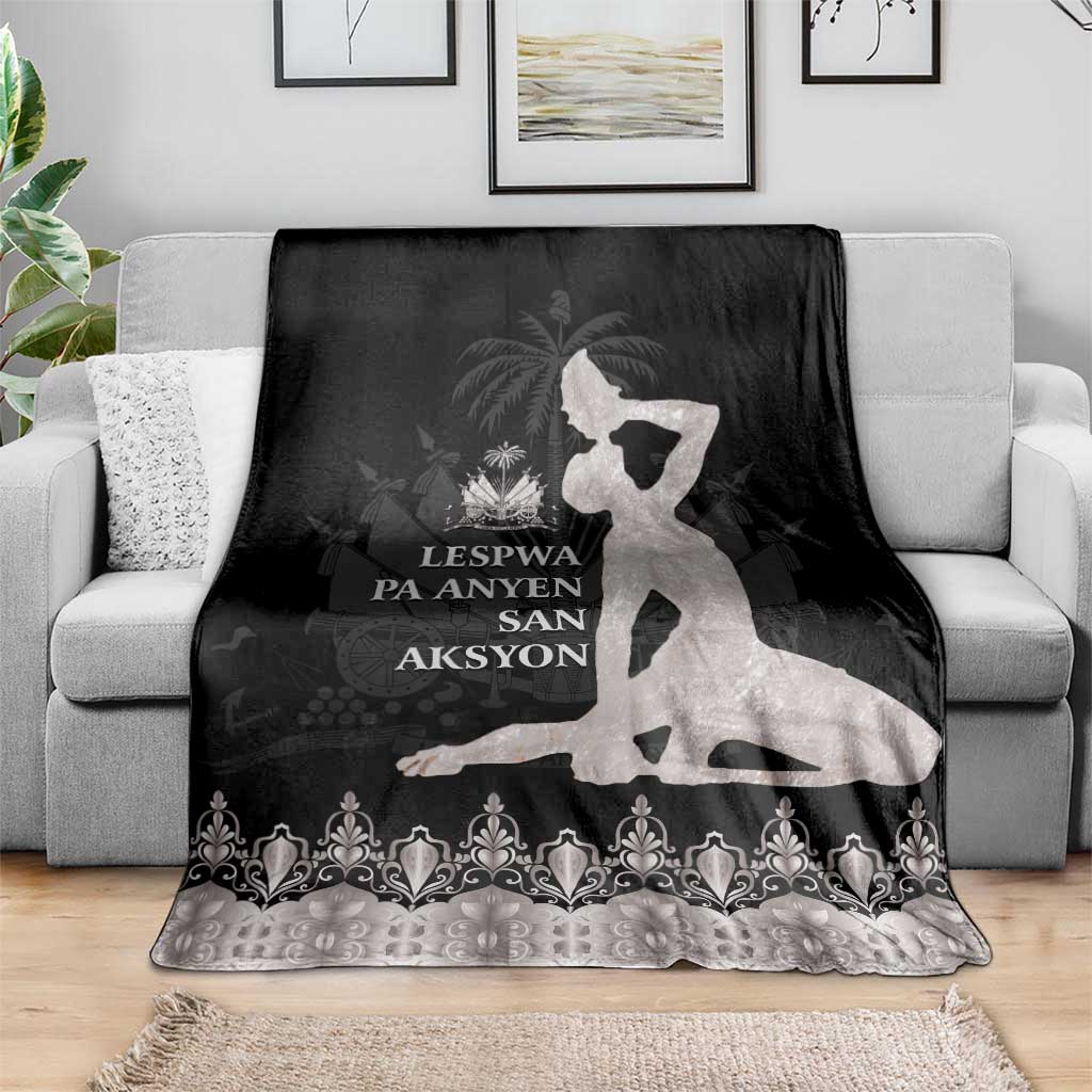 Black and silver blanket with large white silhouette and floral scroll border