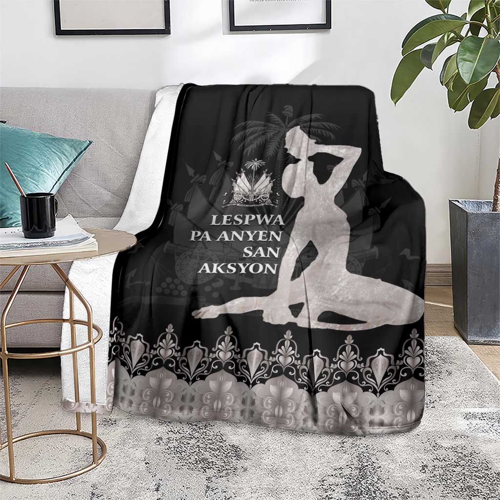 Black and silver blanket with white silhouette and central text over damask border