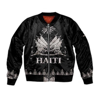Black unisex bomber jacket with front graphic and silver-toned zipper