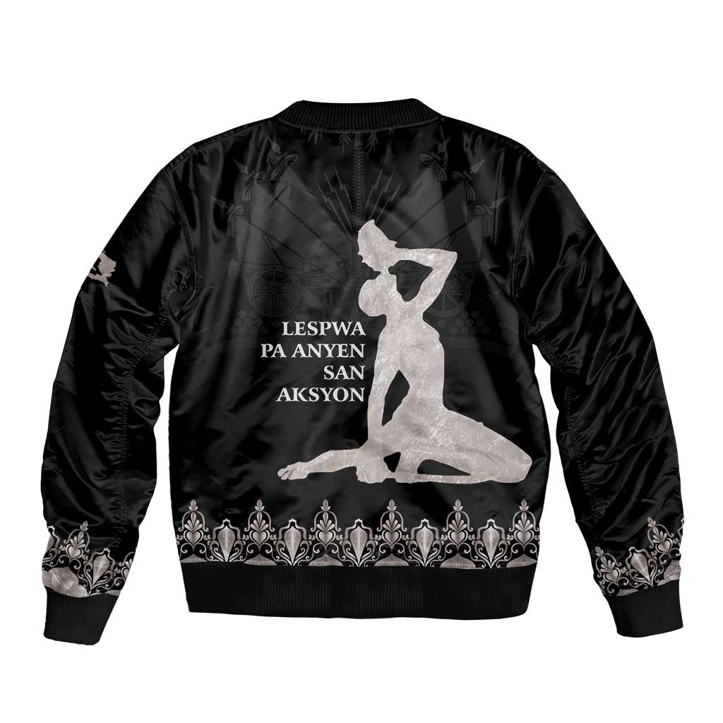 Black unisex bomber jacket with back silhouette print and ribbed cuffs