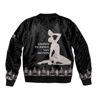 Black unisex bomber jacket with back silhouette print and ribbed cuffs