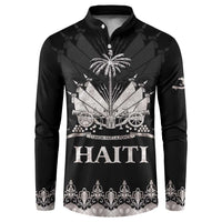 Black men's button-up sweatshirt with silver buttons and HAITI front graphic