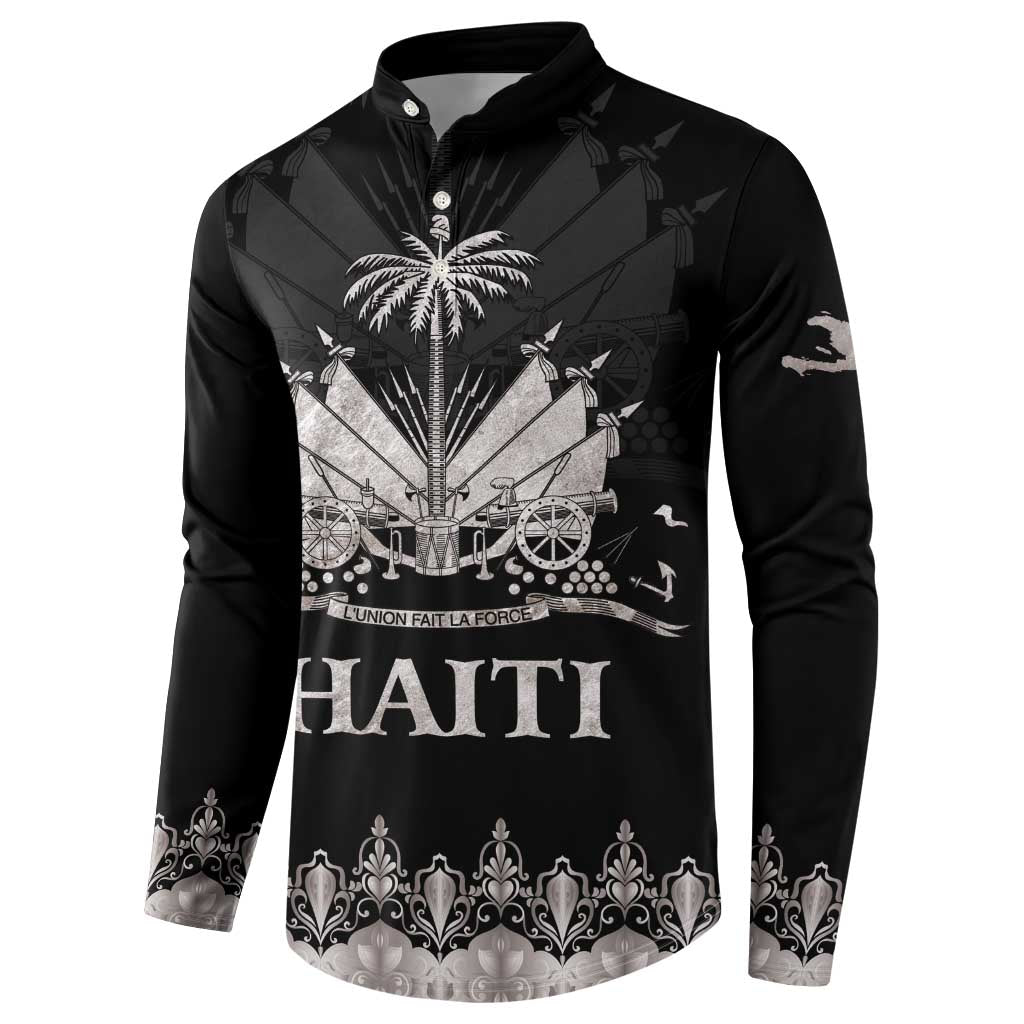 Black men's button-up sweatshirt with silver buttons and HAITI chest artwork
