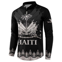 Black men's button-up sweatshirt with silver buttons and HAITI chest artwork