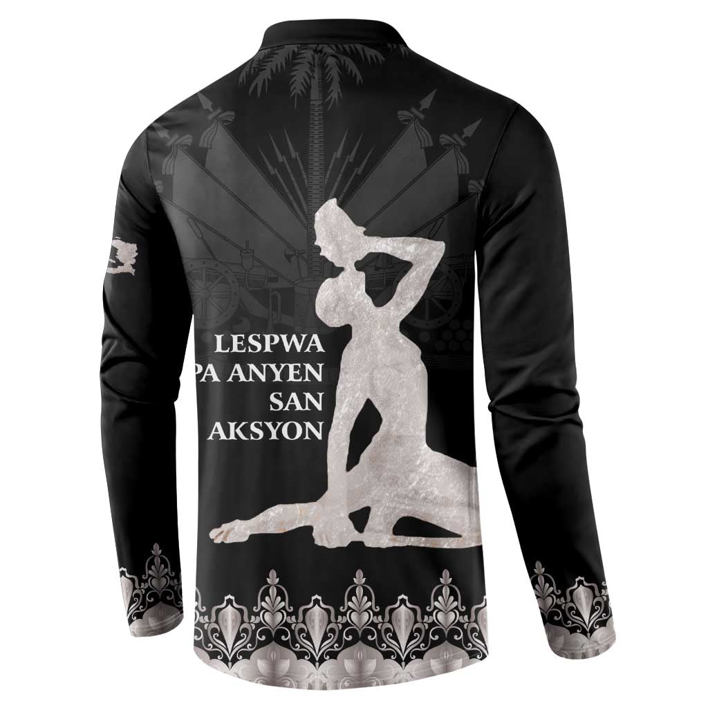 Black men's button-up sweatshirt with back silhouette graphic and text