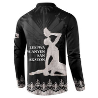 Black men's button-up sweatshirt with back silhouette graphic and text