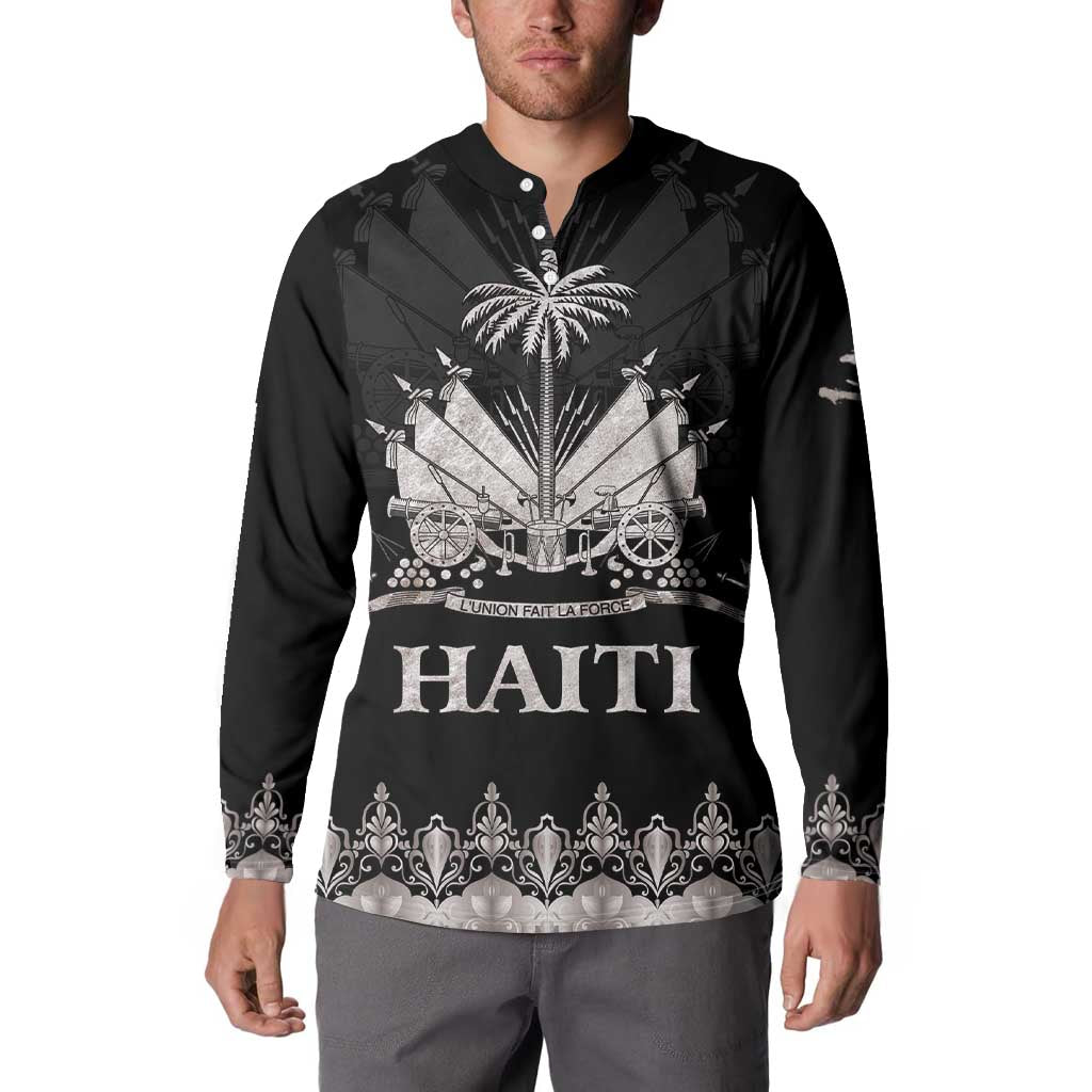 Black men's button-up sweatshirt with HAITI front graphic and ornate lower band