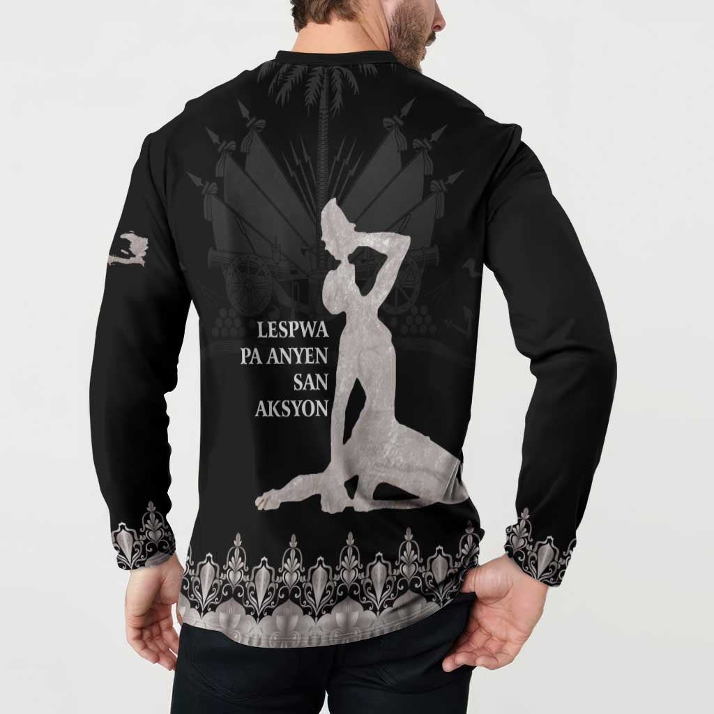 Black men's button-up sweatshirt with back silhouette graphic and patterned cuffs