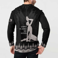 Black men's button-up sweatshirt with back silhouette graphic and patterned cuffs