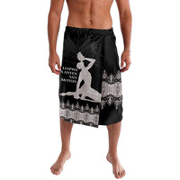 Black board shorts with elastic waistband, silver graphic print and decorative border