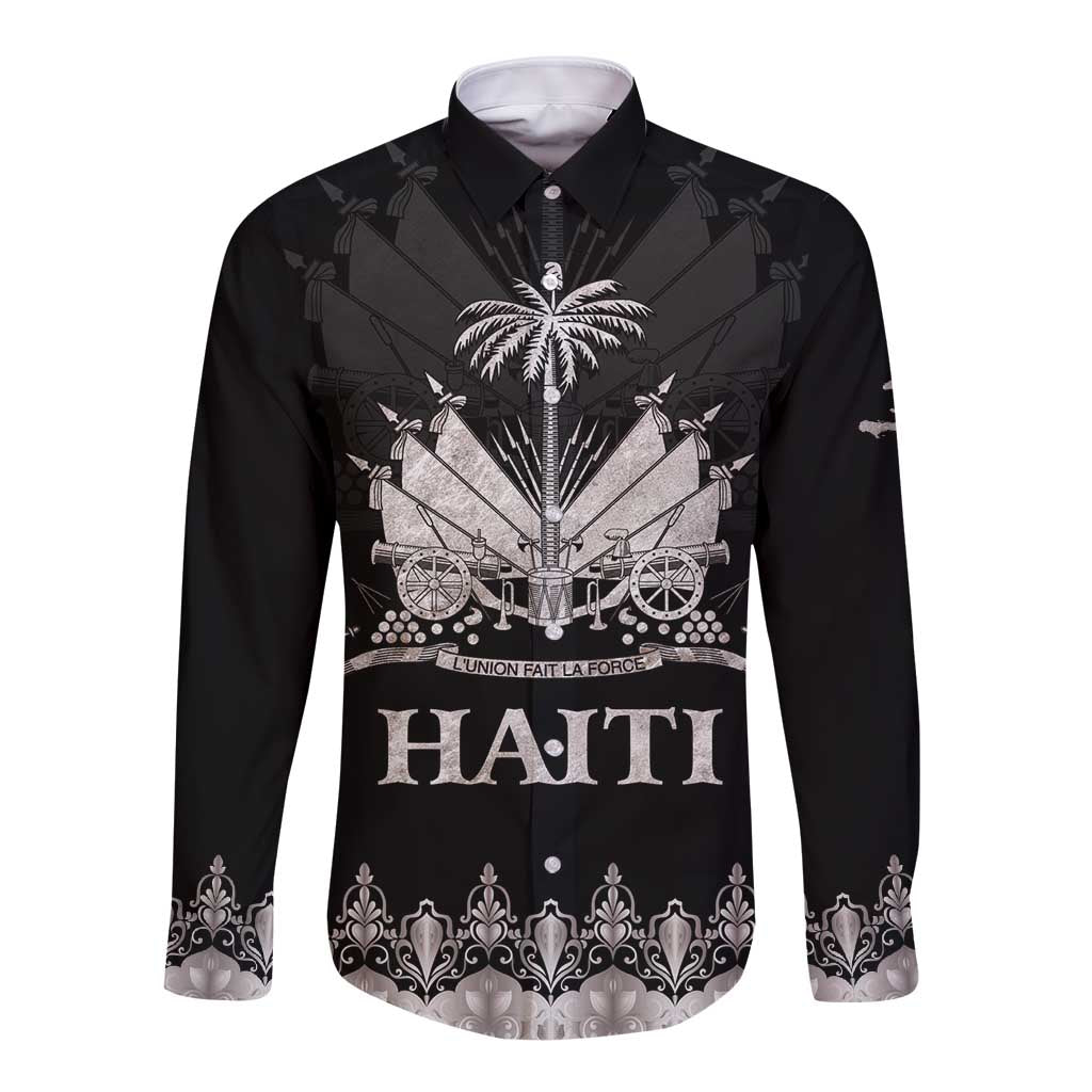 Black long-sleeve button shirt with silver front 'HAITI' print and buttons