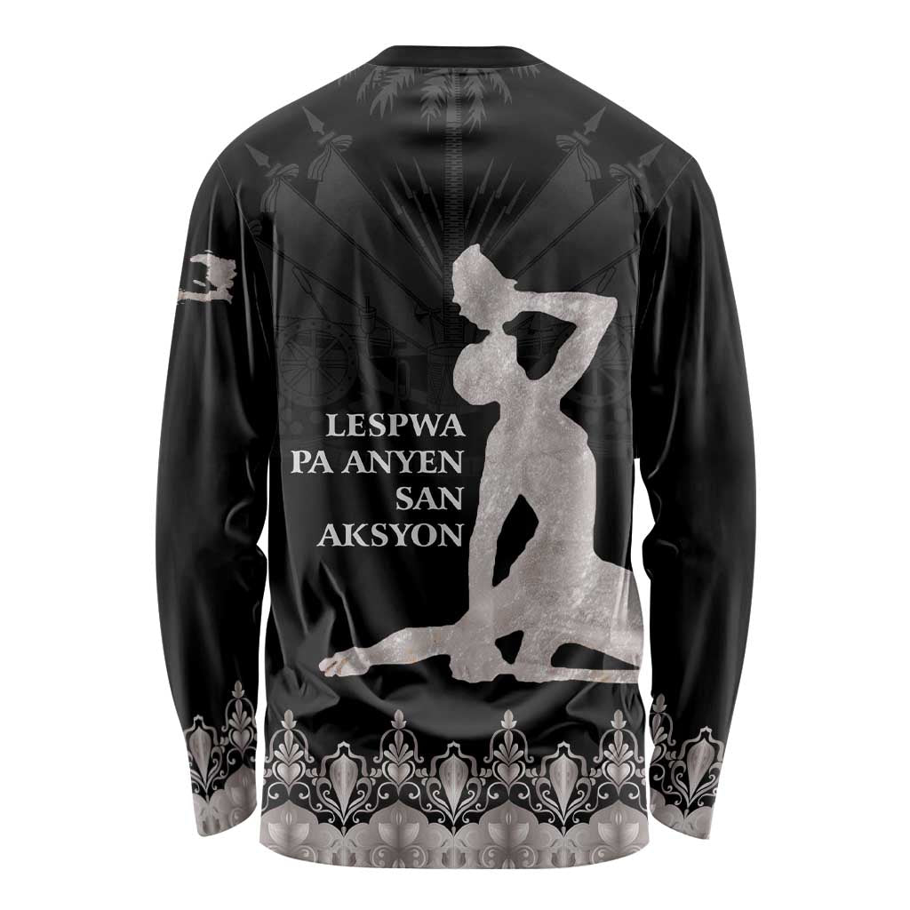 Unisex long-sleeve shirt, dark with silver Haiti silhouette back graphic and text.