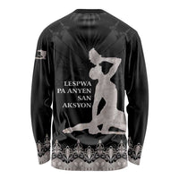 Unisex long-sleeve shirt, dark with silver Haiti silhouette back graphic and text.