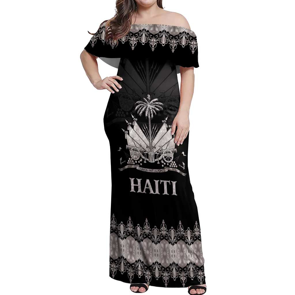 Off-shoulder maxi dress, black with gray-silver graphic print and lace trim