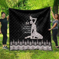 Black quilted blanket with silver border, central dancer silhouette and patterned hem