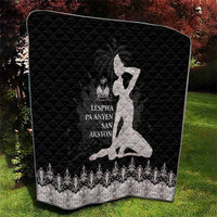 Black quilted blanket with silver border and silhouette graphic, diamond stitched