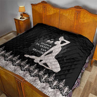 Black quilted blanket with silver and ornate damask border, dancer silhouette