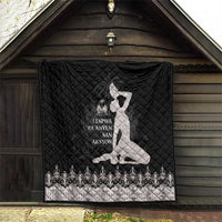 Black quilted blanket with silver border and dancer silhouette, ornate damask trim