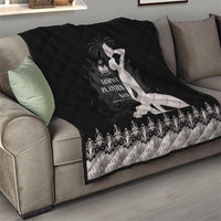 Black quilted blanket with silver border, dancer silhouette and ornate damask pattern