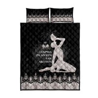 Black and silver quilt bed set with dancer graphic, two pillowcases, and ornate border