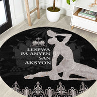 Round area rug with black background, gray/“silver” map silhouette and ornate border