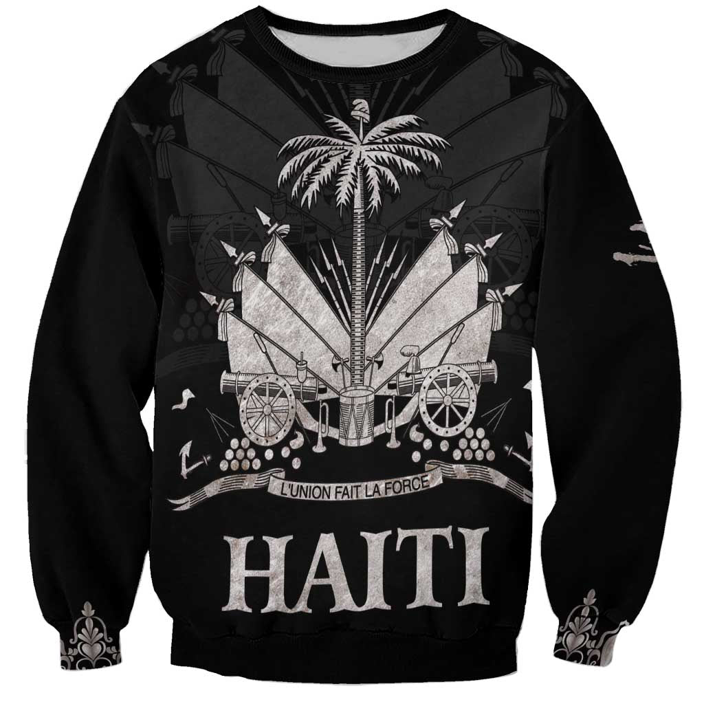 Black unisex sweatshirt with large HAITI graphic and palm tree design on front