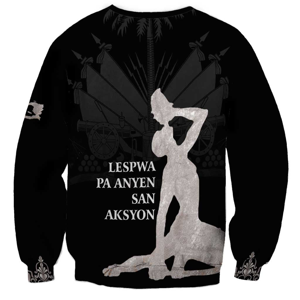 Black unisex sweatshirt back with raised-figure graphic and LES PWA PA ANJEN SAN AKSYON text