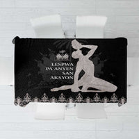 Silver tablecloth with black printed silhouette and decorative ornamental trim