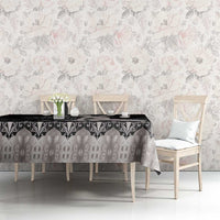 Silver tablecloth with black and gray damask pattern and matching drape edges