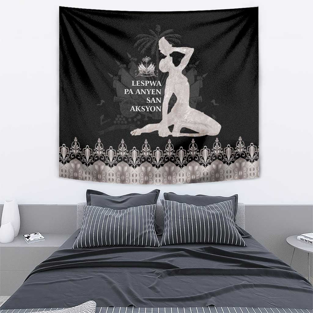 Black tapestry with seated woman figure and silver floral border design
